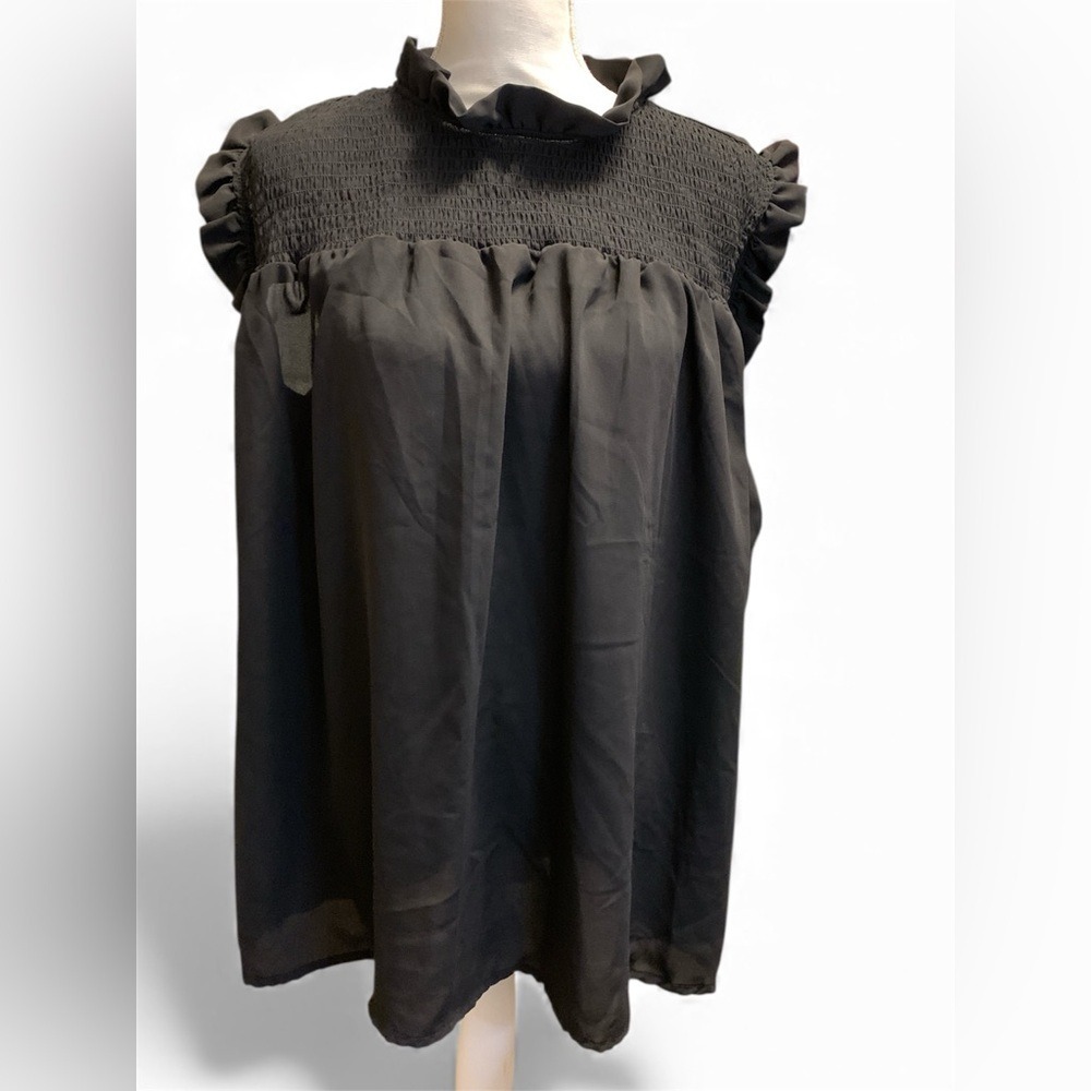 ROUGE COLLECTION Black Smocked Mock Neck Ruffle Sleeve Top Womens Plus‎ Size 2X